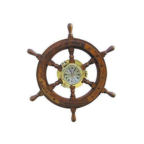 linoows Bullaugen Uhr, Marine Wanduhr im Steuerrad, Steuerrad Uhr aus Messing und Holz von linoows