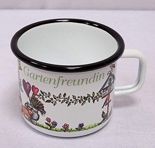 linoows Emaille Kaffeepott Gartenfreundin, Tasse, Henkelbecher, Kaffeetasse 9 cm von linoows