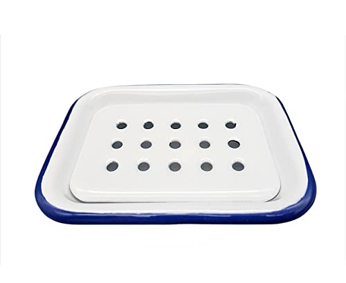 linoows Emaille Seifenschale, Flacher Nostalgie Seifenteller, Emaille weiß- blau von linoows