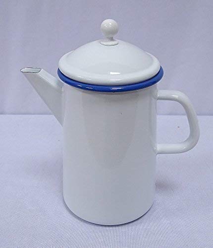 linoows Kaffeekanne, Deckelkanne, Emaille Kanne Weiß mit blauem Rand 1,6 Liter von linoows