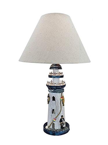 linoows Leuchtturm Lampe, Maritime Tisch Lampe, Schreibtisch Lampe, Holz Blau/Weiß 49 cm von linoows