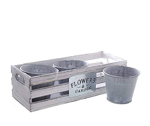linoows Pflanztopf Satz, 3 Blumentöpfe, Pflanzentöpfe in Holzkiste 'Flowers & Garden' von linoows