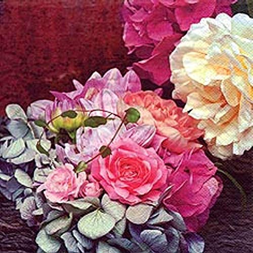 linoows Servietten 20 Stück, Pracht Blumenstrauß mit Rosen und Hortensien 33x33 cm von linoows