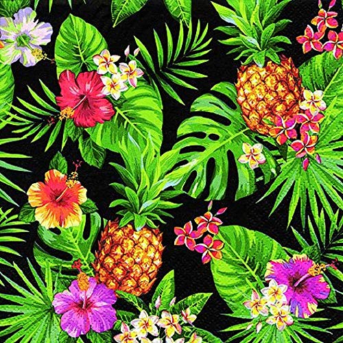 Servietten 20 Stück Sommer Tropen Ananas, Blüten und Palmenblätter schwarz 33x33 von linoows