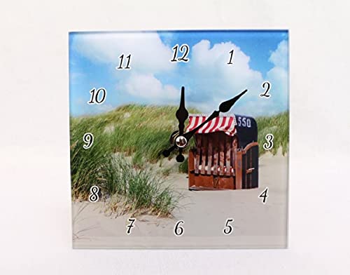 linoows Tischuhr mit Strandkorb, Romantische Uhr mit Dünenlandschaft an der Küste Glas von linoows