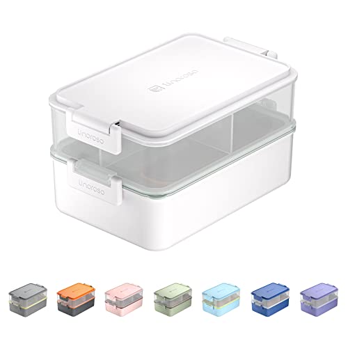 linoroso Lunchbox Erwachsene Brotdose mit 3 Fächern Bento Box mit Soßenbehälter und Geschirr Lunch Box für Mikrowelle und Spülmaschine Kunststoff BPA-frei Als Frühstücksbox Jausenbox Salatbox - Weiß von linoroso
