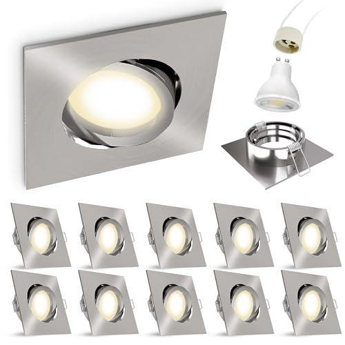 linovum 10er Set LED Einbaustrahler GU10 eckig & schwenkbar - Einbauleuchte Edelstahl Optik inkl. LED GU10 3W neutralweiß von linovum