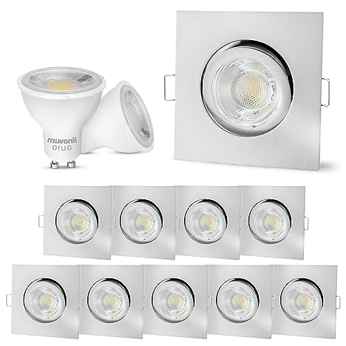 linovum 10er Set LED Einbauspots GU10 schwenkbar - Deckenspot eckig Spot Edelstahl Optik inkl. LED GU10 6W neutralweiß 230V von linovum