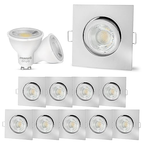 linovum® 10er Set LED Einbauspots GU10 schwenkbar - Deckenspot eckig Spot Edelstahl Optik inkl. LED GU10 6W neutralweiß 230V von linovum