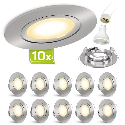 10 Stück LED Einbaustrahler Set Edelstahl Optik gebürstet rund warmweiß 3W 230V - linovum® Einbauleuchte Anschluss ohne Trafo inkl. GU10 Fassung von linovum