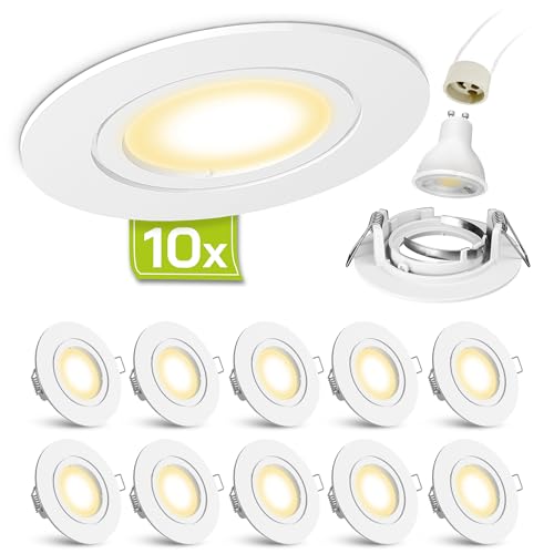 10 Stück LED Einbaustrahler Set weiß lackiert matt rund warmweiß 3W 230V - linovum® Einbauleuchte Anschluss ohne Trafo inkl. GU10 Fassung von linovum