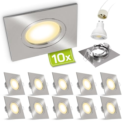 linovum 10 Stück Design LED Einbaustrahler Set eckig Edelstahl Optik gebürstet für 230V mit 2W GU10 Leuchtemittel warmweiß 2700K inkl. Fassung von linovum