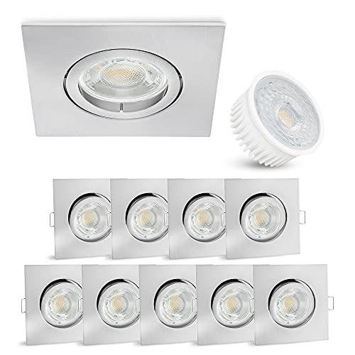 linovum 10er Set Decken Einbauleuchte flach nur 36mm - Einbaustrahler in Edelstahl Optik schwenkbar inkl 4W LED Modul warmweiß von linovum