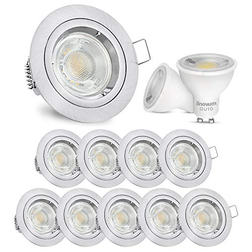 linovum 10er Set Einbauleuchte rund LED GU10 230V - runde Design Deckenspots Alu gebürstet inkl. LED GU-10 neutralweiß 6W von linovum
