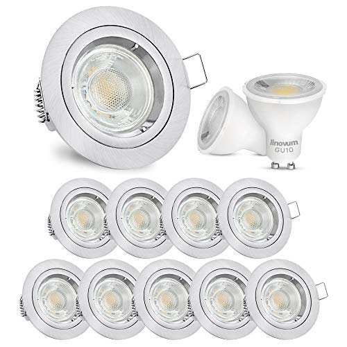 linovum® 10er Set Einbauleuchte rund LED GU10 230V - runde Design Deckenspots Alu gebürstet inkl. LED GU-10 neutralweiß 6W von linovum