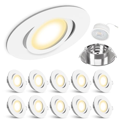 linovum 10x LED extra flache Einbauleuchte Set Form rund schwenkbar weiß lackiert | Einbaustrahler Set mit LED Module 4W Spot warmweiß von linovum