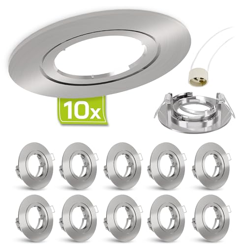 linovum 10x Einbaustrahler Rahmen Set - Einbaurahmen rund Edelstahl Optik gebürstet starr inkl. GU10 Fassung für LED, Halogen von linovum