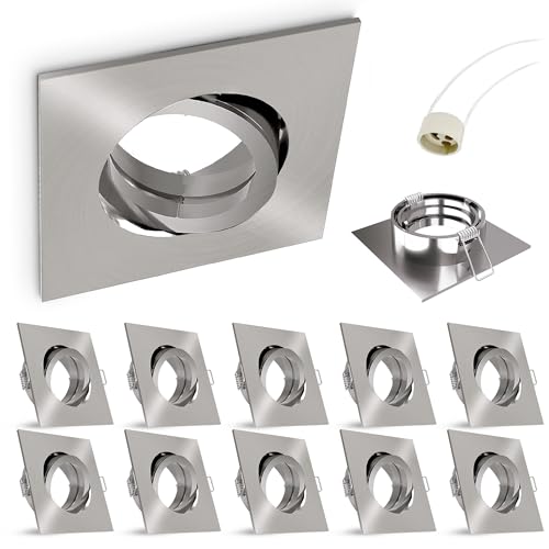 linovum 10er Set Einbaustrahler Rahmen - Einbaurahmen schwenkbar eckig Alu gebürstet inkl. GU10 Fassung für LED, Halogen von linovum