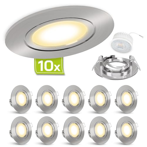 linovum Einbauleuchte LED flach Set 10 Stück 230V gebürstete Optik - runde Spot Deckenleuchten inkl. LED warmweiß 4W 230V von linovum