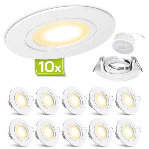 linovum Downlight LED flach Einbaustrahler 10er Set weiß matt - runde Deckenleuchten Einbauspots inkl. LED warmweiß 4W 230V von linovum