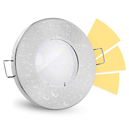 linovum® fourSTEP Einbaustrahler LED Bad flach dimmen ohne Dimmer - LED GU10 5W warmweiß 230V - Einbauspot IP65 rund gebürstet von linovum