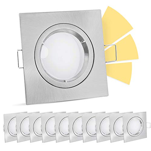 linovum fourSTEP LED Decken Einbaustrahler 10er Set mit GU10 warmweiß 5W 230V 'Dimmbar ohne Dimmer' Einbauspot eckig gebürstet von linovum