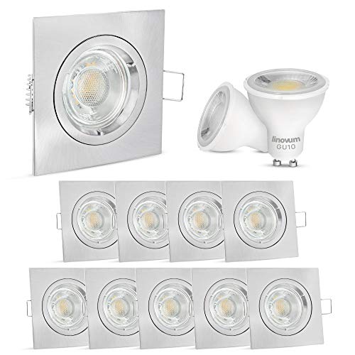 linovum 10 Stück LED Einbauleuchten Set eckig Edelstahl Optik gebürstet für 230V - Spot mit 6W GU10 neutralweiß mit Fassung von linovum