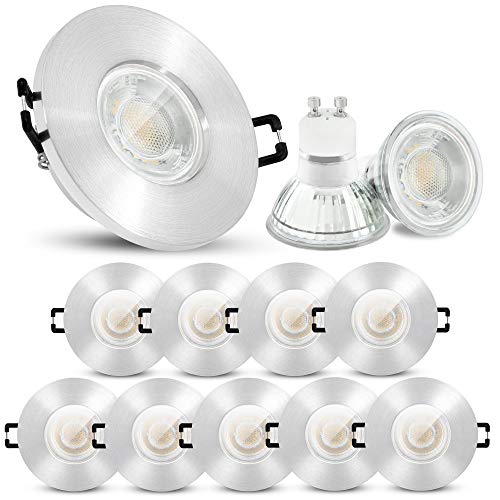 linovum 10 Stück ISASO runde Bad Einbauspots LED in Alu gebürstet - mit LED GU10 6W neutralweiß 230V - IP65 Deckenleuchte Set von linovum