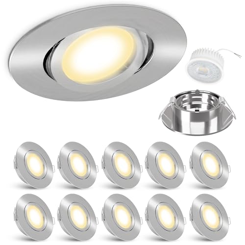 linovum 10er Set extra flache LED Einbaustrahler flach (34mm) Downlight in rund schwenkbar Edelstahl Optik mit 4W LED Modul warmweiß von linovum