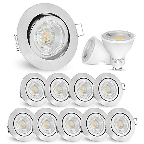 linovum 10x LED Einbauspots rund schwenkbar Edelstahl Optik - Spot Einbauleuchten Set mit 3W LED GU10 neutralweiß inkl. GU10 Fassung von linovum