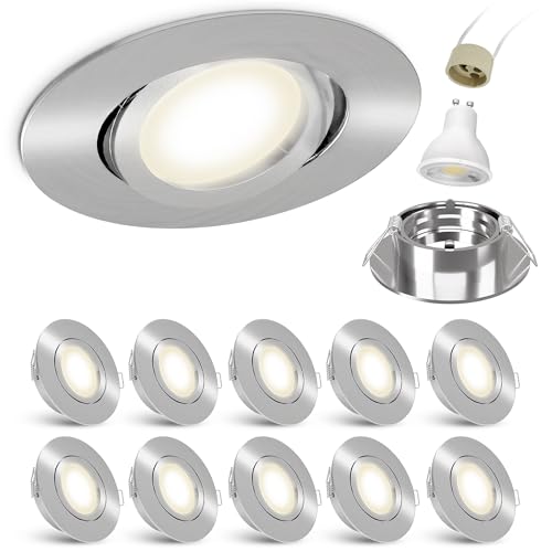 linovum 10x LED Einbauspots rund schwenkbar Edelstahl Optik - Spot Einbauleuchten Set mit 3W LED GU10 neutralweiß inkl. GU10 Fassung von linovum