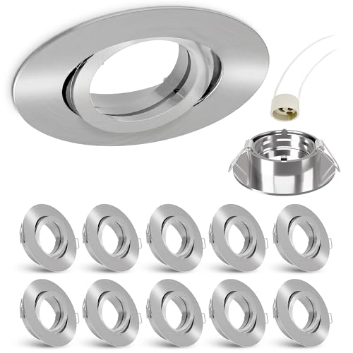 10x linovum Einbaustrahler Set rund schwenkbar - 10 Stück Einbaurahmen in Alu gebürstet inkl. GU10 Fassung für LED, Halogen von linovum