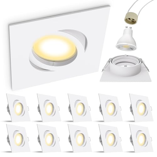 linovum 10 Stück LED Einbaustrahler warmweiß 230V - mit 5W GU10 Lampe 2700K wechselbar - Einbauspots eckig weiß schwenkbar von linovum