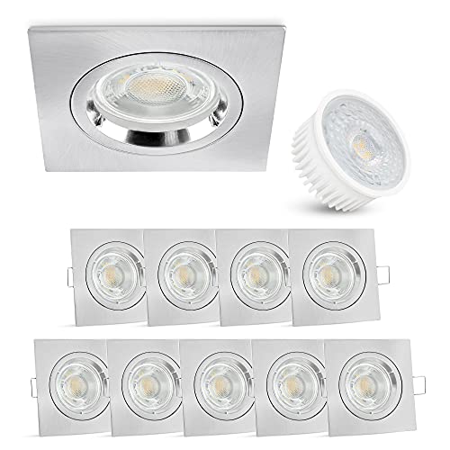 linovum LED Einbaustrahler 10er Set extra flach (36mm) - Spot eckig Edelstahl Optik gebürstet inkl. LED neutralweiß 5W 230V von linovum