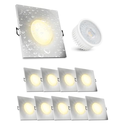 linovum 10 Stück ISASO Einbauleuchte IP65 Bad in Alu gebürstet - Deckenbeleuchtung led eckig flach inkl. LED Modul 4W warmweiß von linovum