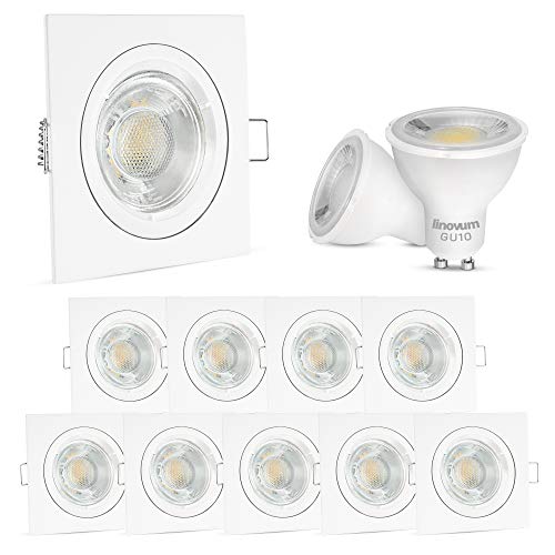 linovum® 10x Einbauleuchte LED Set weiss eckig starr inkl. 2W GU10 LED warmweiss - Leuchtmittel wechselbar - Deckenspot 230V von linovum