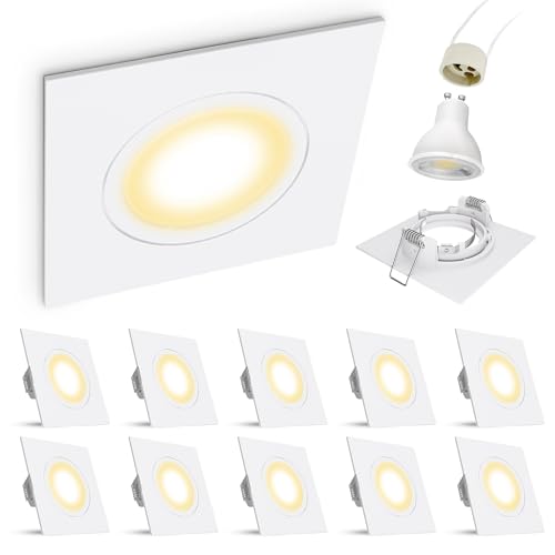 linovum® 10x Einbauleuchte LED Set weiss eckig starr inkl. 2W GU10 LED warmweiss - Leuchtmittel wechselbar - Deckenspot 230V von linovum