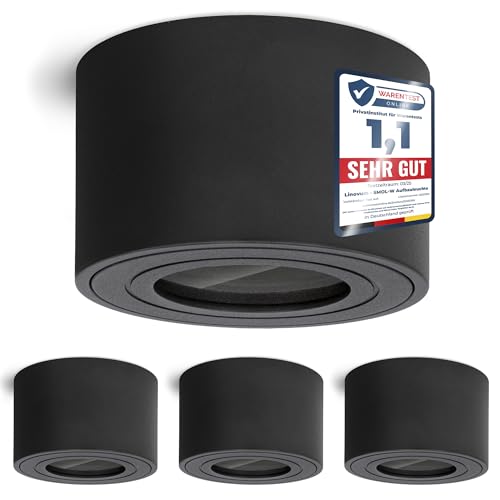 linovum 4 Stück Aufbauleuchte SMOL-W flach IP44 in matt schwarz & rund - Decken Aufbaulstrahler mit Ø 80 mm geeignet für LED Module von linovum