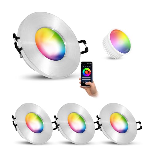 linovum 4er Set ISASO Einbauleuchte IP65 Bad in Alu gebürstet Smart Speaker kompatibel - Deckenbeleuchtung led rund mit Smart Modul 4W WLAN von linovum