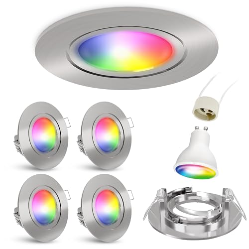 linovum 4er WLAN Einbauleuchten Set mit tauschbaren RGB GU10 LED Smart Birnen - kompatibel mit Alexa & Google - Smarthome Spot silber rund von linovum