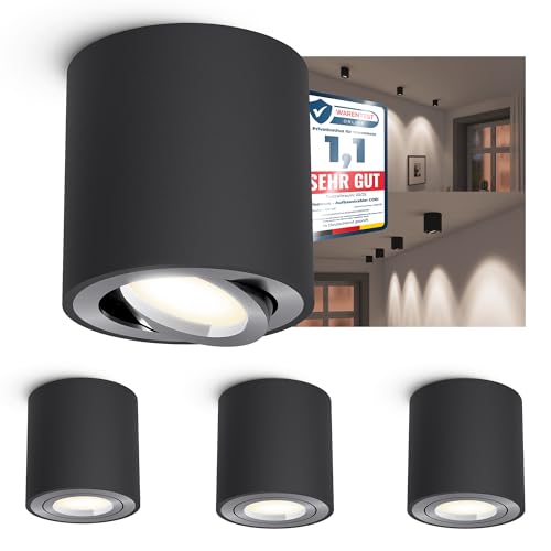 linovum 4x CORI Decken Aufputz Spot schwarz silber dimmbar LED GU10 neutralweiß 6,5W 230V - Aufbauleuchte schwenkbar Ø80x84mm von linovum