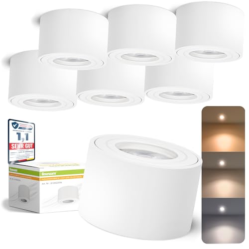 linovum 6 Stück Aufbauleuchten SMOL-W inkl. LumiFLEX Modul mit Farbwechsel CCT warm weiß kalt flach IP44 in matt weiß & rund - Aufbauspot Aufputz Ø 80 mm von linovum