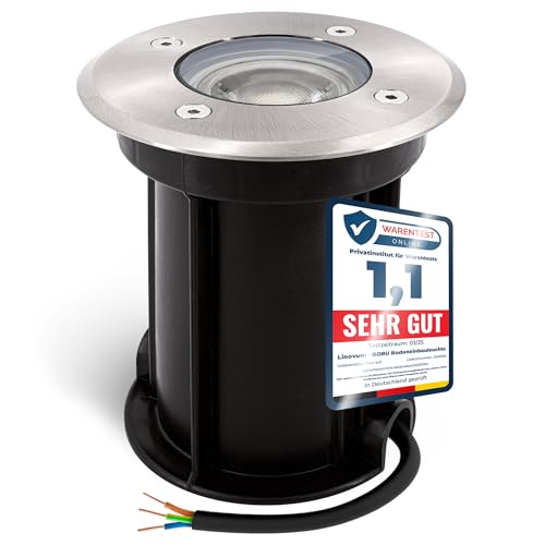 linovum BORU Bodeneinbaustrahler IP67 für aussen mit LED GU10 2W warmweiß - Bodenleuchte rund Ø 110mm befahrbar 230V mit Kabel von linovum