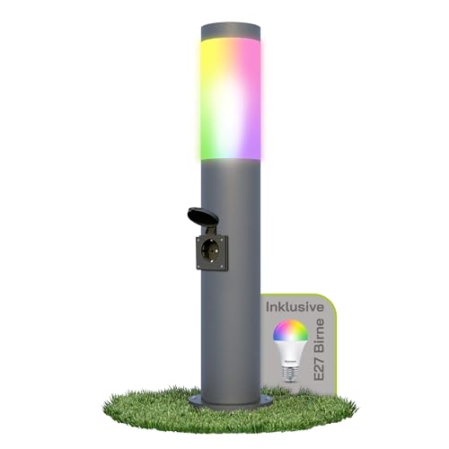 linovum BOSEA-S dunkelgraue Außenleuchte mit Steckdose & Smarthome WLAN E27 Birne RGB+W - Energiesäule 50cm Stromsäule mit Licht von linovum