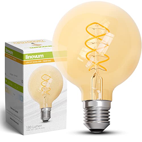 linovum Edison Globe LED Filament Glühbirne E27 dimmbar extra warmweiß 1700K, G80 extra groß - Vintage Retro Leuchtmittel 3,4W in Bernstein Optik von linovum