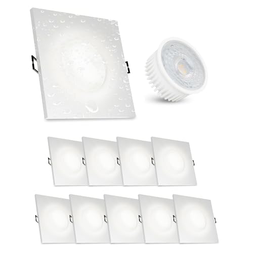 linovum ISAWO 10er Set Einbau Deckenstrahler mit LED Modul 4W neutralweiß - extra flache Deckenleuchte quadratisch weiß IP65 fürs Bad von linovum
