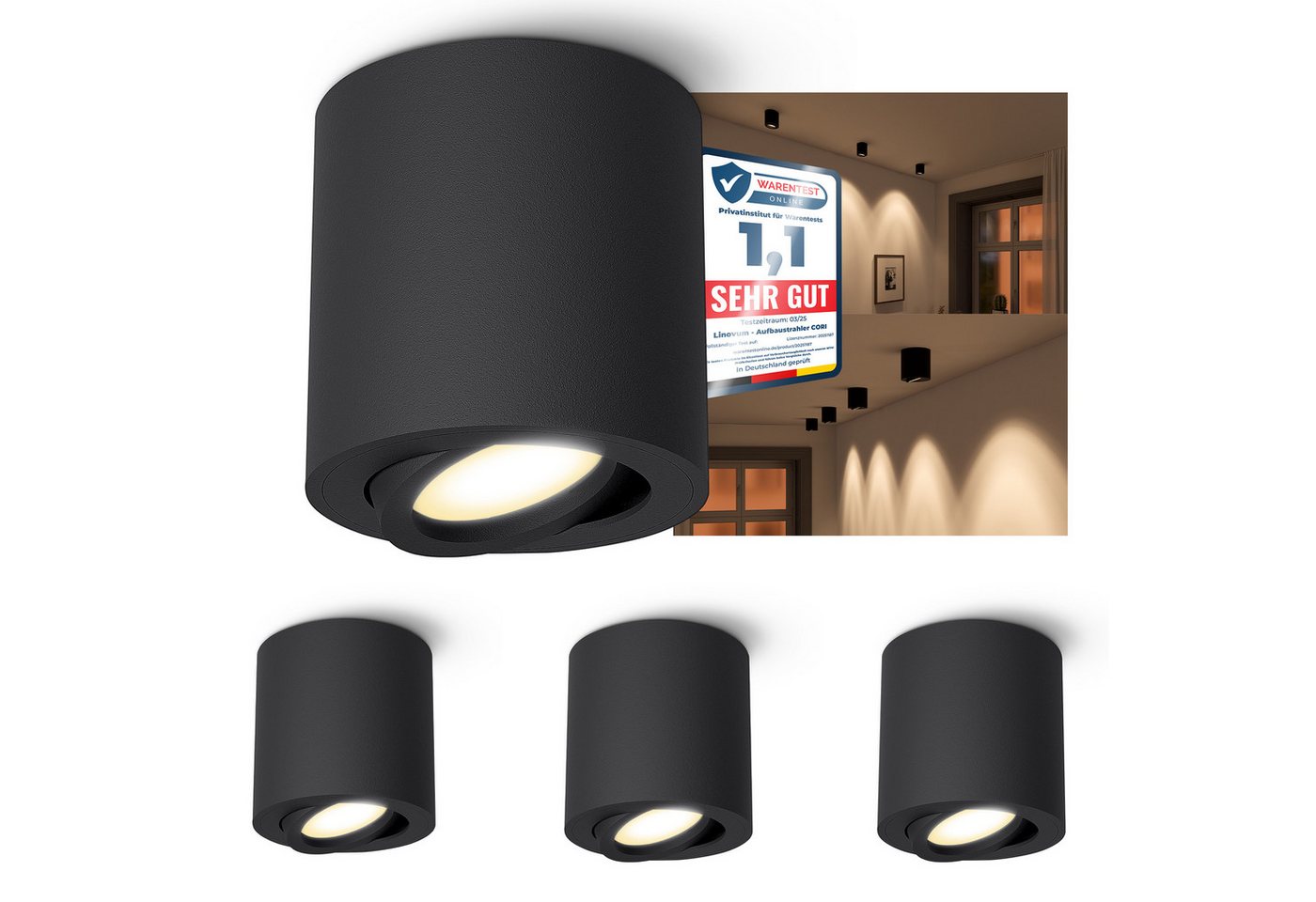 linovum LED Aufbaustrahler Aufbauspot dimmbar matt schwarz & schwenkbar mit LED GU10 in 3 Farben, Warmweiß bis Tageslicht linovum LED Aufbaustrahler Aufbauspot dimmbar matt schwarz & schwenkbar mit LED GU10 in 3 Farben, Warmweiß bis Tageslicht von linovum