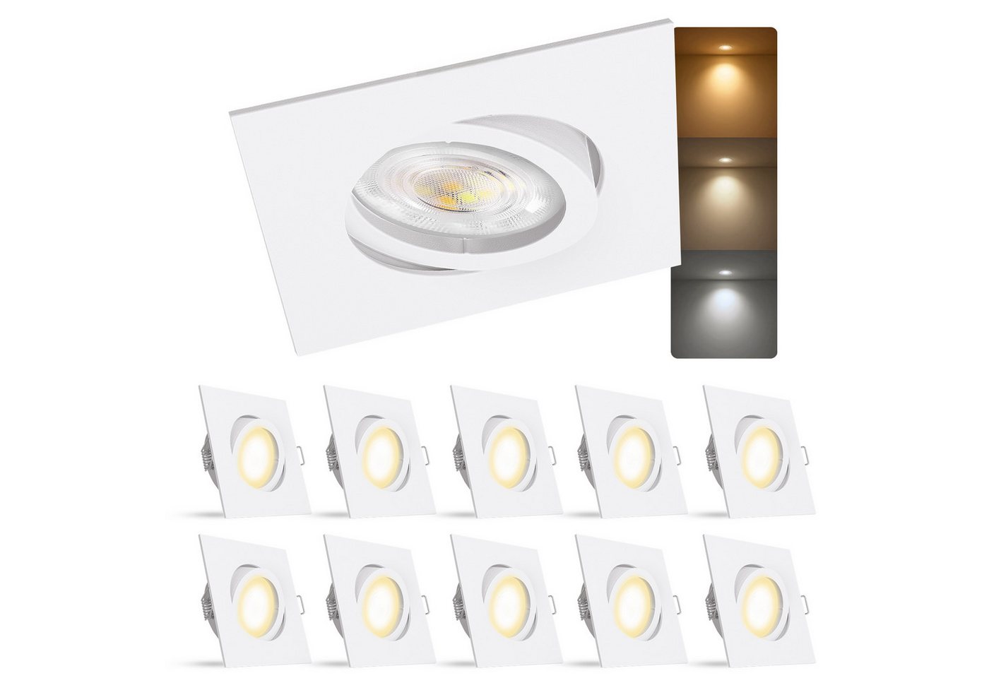 linovum LED Einbaustrahler Einbauspot Flach weiß eckig schwenkbar 4W LED Birne 3-in-1 Strahler, Warmweiß bis Tageslicht linovum LED Einbaustrahler Einbauspot Flach weiß eckig schwenkbar 4W LED Birne 3-in-1 Strahler, Warmweiß bis Tageslicht von linovum