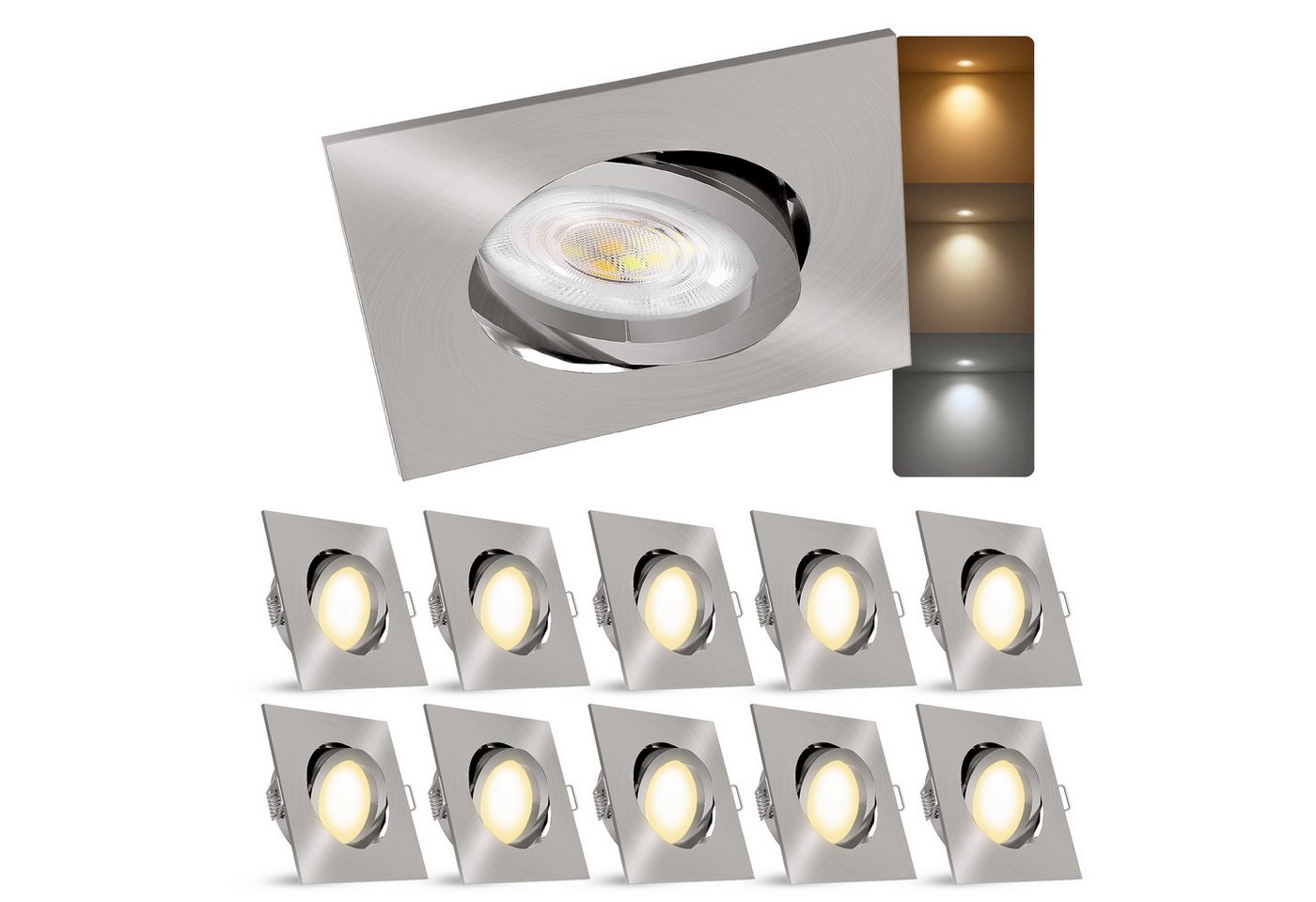 linovum LED Einbaustrahler Einbaustrahler gebürstet eckig schwenkbar mit 3-in-1 LED Birne 4W Spot, Warmweiß bis Tageslicht linovum LED Einbaustrahler Einbaustrahler gebürstet eckig schwenkbar mit 3-in-1 LED Birne 4W Spot, Warmweiß bis Tageslicht von linovum