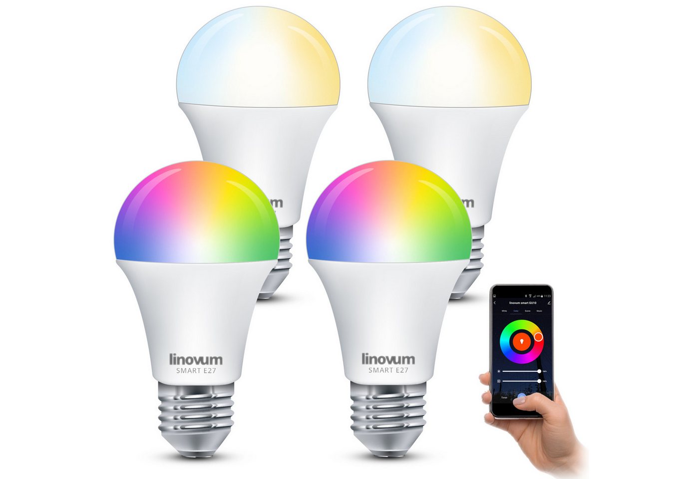 linovum LED-Leuchtmittel 4er Set LED E27 Smart Lampe steuerbar via App Alexa Google RGB, E27, RGB linovum LED-Leuchtmittel 4er Set LED E27 Smart Lampe steuerbar via App Alexa Google RGB, E27, RGB von linovum